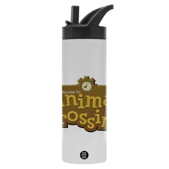 Animal Crossing, Μεταλλικό παγούρι θερμός με καλαμάκι & χειρολαβή, ανοξείδωτο ατσάλι (Stainless steel 304), διπλού τοιχώματος, 600ml