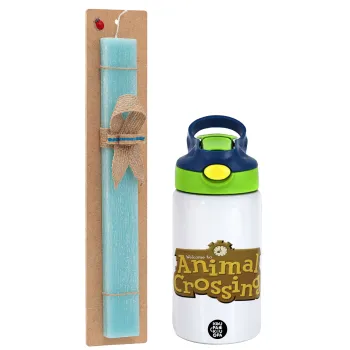 Animal Crossing, Easter Set, Children's thermal stainless steel bottle with safety straw, green/blue (350ml) & aromatic flat Easter candle (30cm) (TURQUOISE)
