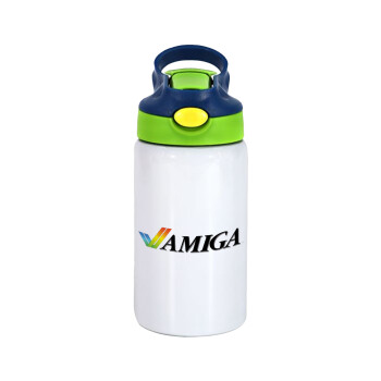 amiga, Children's hot water bottle, stainless steel, with safety straw, green, blue (350ml)