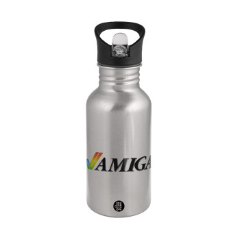 amiga, Water bottle Silver with straw, stainless steel 500ml