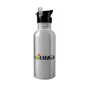 amiga, Water bottle Silver with straw, stainless steel 600ml