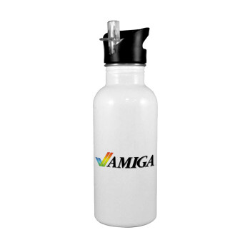 amiga, White water bottle with straw, stainless steel 600ml