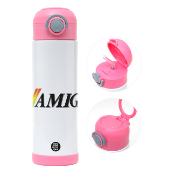 amiga, Children's hot water bottle, stainless steel, with safety straw, PINK (500ml)