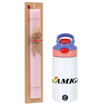 amiga, Easter Set, Children's thermal stainless steel water bottle with safety straw, pink/purple (350ml) & Easter scented flat candle (30cm) (PINK)