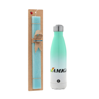 amiga, Easter Set, Metallic green/white thermos (Stainless steel), double-walled, 500ml & scented flat Easter candle (30cm) (TURQUOISE)
