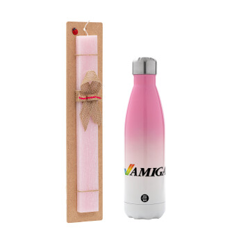 amiga, Easter Set, Metallic pink/white (Stainless steel) thermos, double-walled, 500ml & aromatic flat Easter candle (30cm) (PINK)