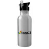 Water bottle Silver with straw, stainless steel 600ml