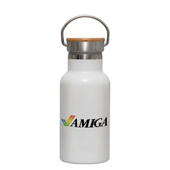 amiga, Metallic thermos (Stainless steel) White with wooden lid (bamboo), double-walled, 350ml