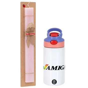 amiga, Easter Set, Children's thermal stainless steel water bottle with safety straw, pink/purple (350ml) & Easter scented flat candle (30cm) (PINK)