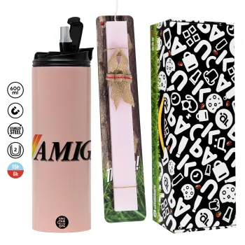 amiga, Easter candle,Travel Tumbler 2 Lids, with metal straw & cleaning brush & aromatic flat candle (30cm) (PINK)