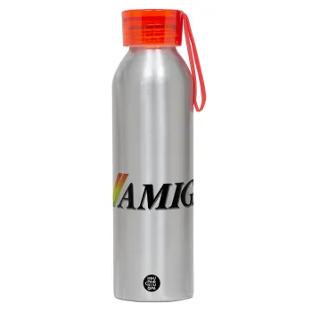 amiga, Αλουμινένιο Αθλητικό Μπουκάλι 650ml – Ασημί με Κόκκινο Καπάκι και Λουράκι Σιλικόνης