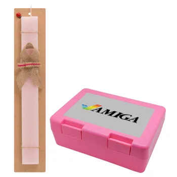 amiga, Πασχαλινή Λαμπάδα με παιδικό δοχείο κολατσιού ΡΟΖ & κερί αρωματικό πλακέ (30cm) (ΡΟΖ)