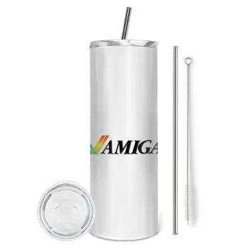 amiga, Tumbler ποτήρι θερμό από ανοξείδωτο ατσάλι 600ml, με μεταλλικό καλαμάκι & βούρτσα καθαρισμού
