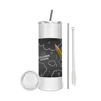 Back to school blackboard, Eco friendly stainless steel tumbler 600ml, with metal straw & cleaning brush