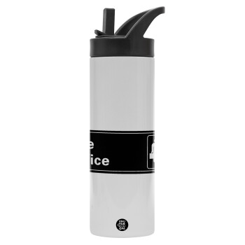 The office, Metallic thermos bottle with straw & handle, stainless steel (Stainless steel 304), double-walled, 600ml.