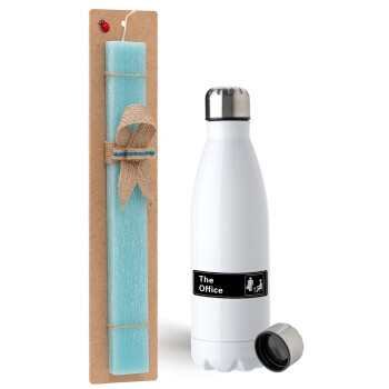 The office, Easter Set, metallic stainless steel water bottle (750ml) & aromatic flat Easter candle (30cm) (TURQUOISE)