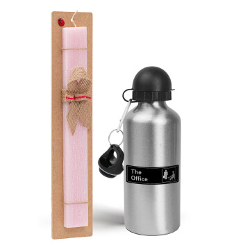 The office, Easter Set, metallic Silver aluminum water bottle (500ml) & scented flat Easter candle (30cm) (PINK)