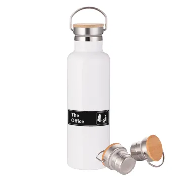 The office, Μεταλλικό παγούρι θερμός (Stainless steel) Λευκό με ξύλινο καπάκι (bamboo), διπλού τοιχώματος, 750ml