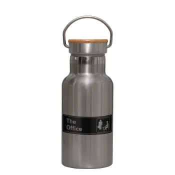 The office, Stainless steel metallic thermos flask, silver with a bamboo lid, double-walled, 350ml.
