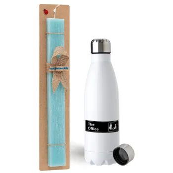 The office, Easter Set, metallic stainless steel water bottle (750ml) & aromatic flat Easter candle (30cm) (TURQUOISE)