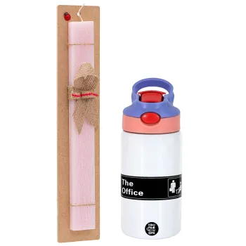 The office, Easter Set, Children's thermal stainless steel water bottle with safety straw, pink/purple (350ml) & Easter scented flat candle (30cm) (PINK)