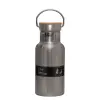 Stainless steel metallic thermos flask, silver with a bamboo lid, double-walled, 350ml.
