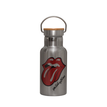The rolling stones, Μεταλλικό παγούρι θερμός (Stainless steel) Ασημένιο με ξύλινο καπακι (bamboo), διπλού τοιχώματος, 350ml