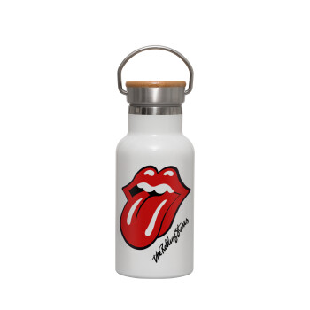 The rolling stones, Μεταλλικό παγούρι θερμός (Stainless steel) Λευκό με ξύλινο καπακι (bamboo), διπλού τοιχώματος, 350ml