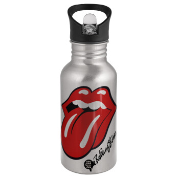 The rolling stones, Water bottle Silver with straw, stainless steel 500ml