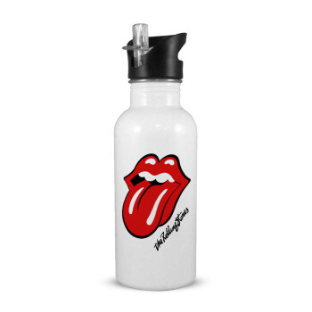 The rolling stones, White water bottle with straw, stainless steel 600ml
