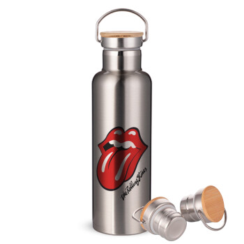 The rolling stones, Stainless steel Silver with wooden lid (bamboo), double wall, 750ml