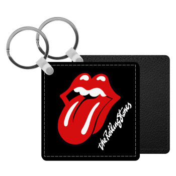 The rolling stones, Μπρελόκ Δερματίνη, τετράγωνο ΜΑΥΡΟ (5x5cm)