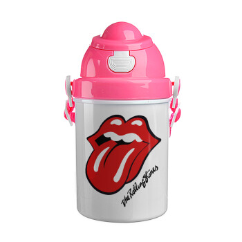 The rolling stones, Ροζ παιδικό παγούρι πλαστικό (BPA-FREE) με καπάκι ασφαλείας, κορδόνι και καλαμάκι, 400ml