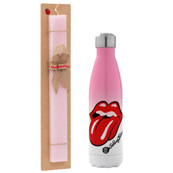 The rolling stones, Πασχαλινή Λαμπάδα με Μεταλλικό παγούρι θερμός Ροζ/Λευκό (Stainless steel), διπλού τοιχώματος, 500ml & κερί αρωματικό πλακέ (30cm) (ΡΟΖ)