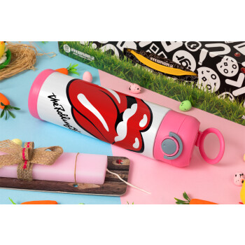 The rolling stones, Πασχαλινή Λαμπάδα με Παιδικό παγούρι θερμό, ανοξείδωτο, με καλαμάκι ασφαλείας, ΡΟΖ (500ml)