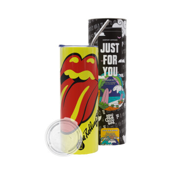 The rolling stones, Neon Yellow Travel Tumbler θερμό, μεταλλικό καλαμάκι(Ανωξείδωτο 304 Food grade, BPA free, 600ml)