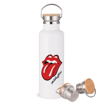 The rolling stones, Μεταλλικό παγούρι θερμός (Stainless steel) Λευκό με ξύλινο καπάκι (bamboo), διπλού τοιχώματος, 750ml