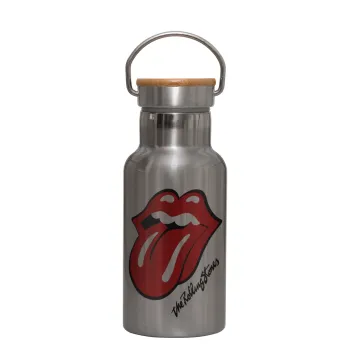 The rolling stones, Μεταλλικό παγούρι θερμός (Stainless steel) Ασημένιο με ξύλινο καπακι (bamboo), διπλού τοιχώματος, 350ml