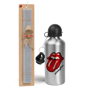 The rolling stones, Easter Set, metallic silver aluminum water bottle (500ml) & aromatic flat Easter candle (30cm) (GRAY)