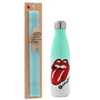 The rolling stones, Easter Set, Metallic green/white thermos (Stainless steel), double-walled, 500ml & scented flat Easter candle (30cm) (TURQUOISE)