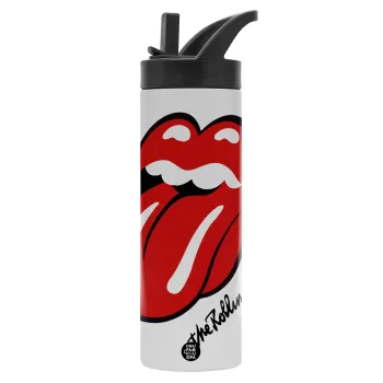 The rolling stones, Metallic thermos bottle with straw & handle, stainless steel (Stainless steel 304), double-walled, 600ml.