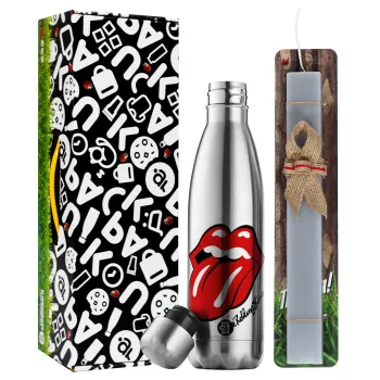 The rolling stones, Easter Set, metallic stainless thermos flask (500ml) & scented flat Easter candle (30cm) (GRAY)