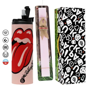 The rolling stones, Easter candle,Travel Tumbler 2 Lids, with metal straw & cleaning brush & aromatic flat candle (30cm) (PINK)