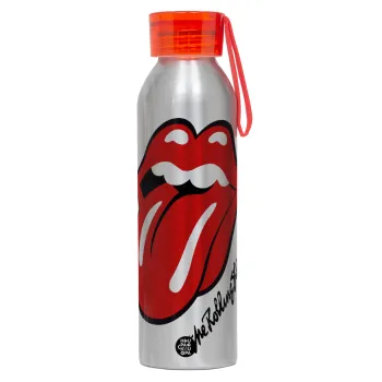 The rolling stones, Αλουμινένιο Αθλητικό Μπουκάλι 650ml – Ασημί με Κόκκινο Καπάκι και Λουράκι Σιλικόνης
