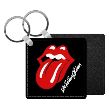The rolling stones, Μπρελόκ Δερματίνη, τετράγωνο ΜΑΥΡΟ (5x5cm)