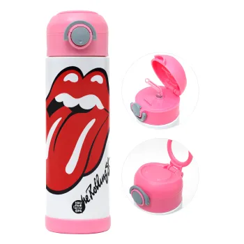 The rolling stones, Children's hot water bottle, stainless steel, with safety straw, PINK (500ml)