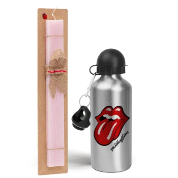 The rolling stones, Easter Set, metallic Silver aluminum water bottle (500ml) & scented flat Easter candle (30cm) (PINK)