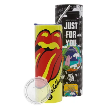 The rolling stones, Neon Yellow Travel Tumbler θερμό, μεταλλικό καλαμάκι(Ανωξείδωτο 304 Food grade, BPA free, 600ml)