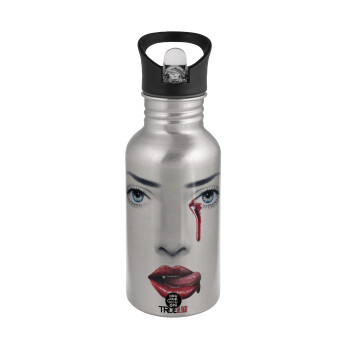True blood, Water bottle Silver with straw, stainless steel 500ml