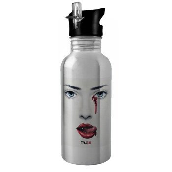 True blood, Water bottle Silver with straw, stainless steel 600ml